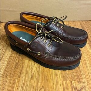 Men's Timberland Brown Leather Laced Boating Shoes Business Casual Size 10.5